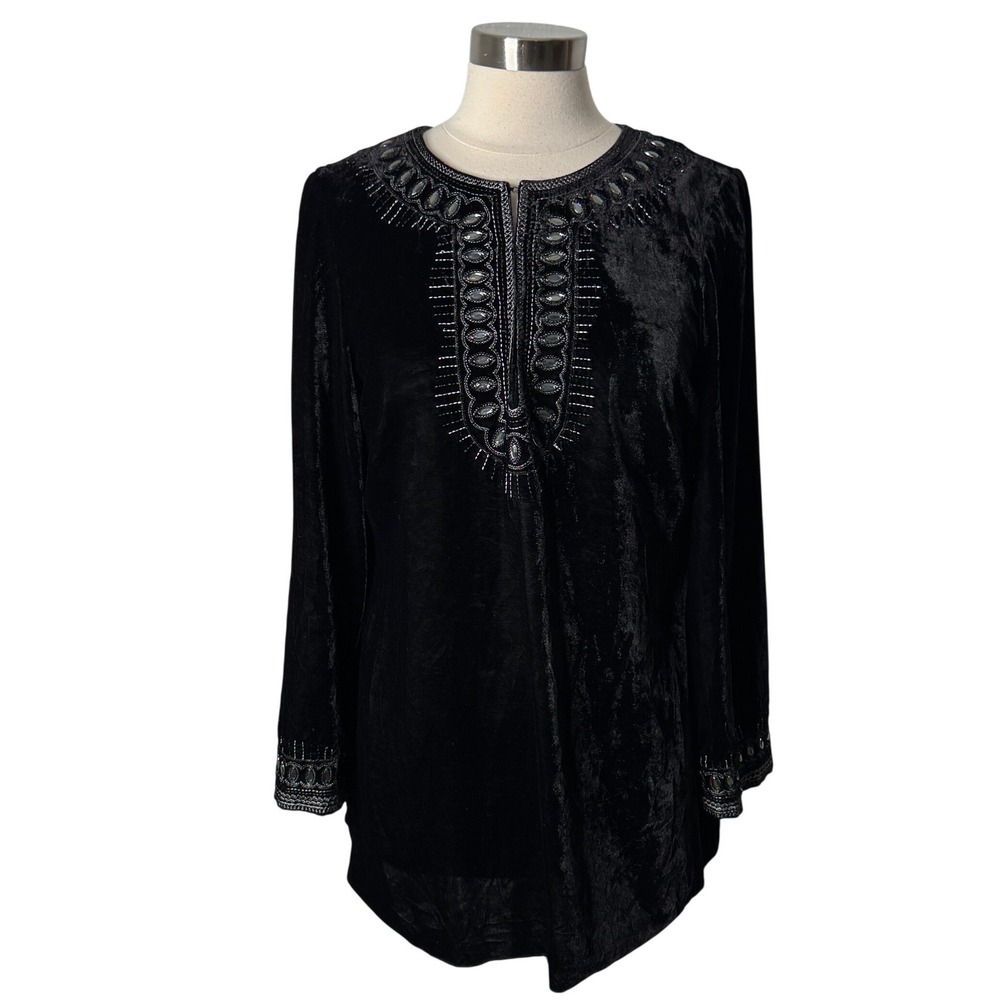 Peter Nygard Black Velvet Beaded Tunic‎ Top Women Size 10 Long Sleeve Split Neck